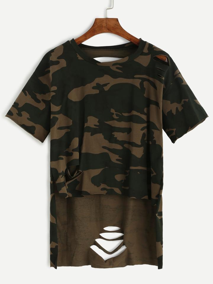 Romwe Camo Print High Low Distressed T-shirt