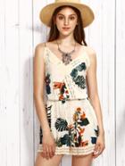 Romwe Beige Tropical Print Crochet Trim Shirred Back Cami Romper