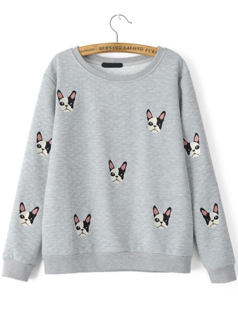 Romwe Round Neck Dog Embroidered Grey Sweatshirt