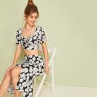 Romwe Daisy Floral Tie Front Shirred Blouse With Button Front Skirt