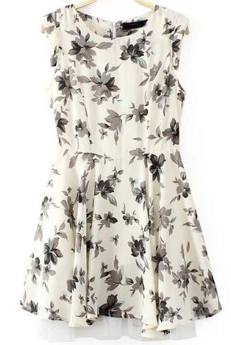 Romwe Beige Sleeveless Floral Asymmetrical Dress