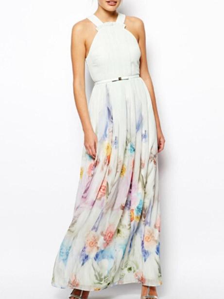 Romwe Halter Flower Print Maxi Dress