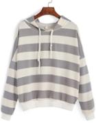 Romwe Hooded Striped Drawstring Loose Sweatshirt