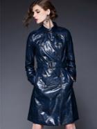 Romwe Navy Lapel Long Sleeve Drawstring Pockets Coat