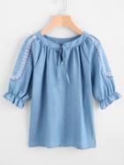 Romwe Embroidery Tie Neck Frill Cuff Top