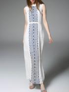 Romwe White Embroidered Pleated Split Dress