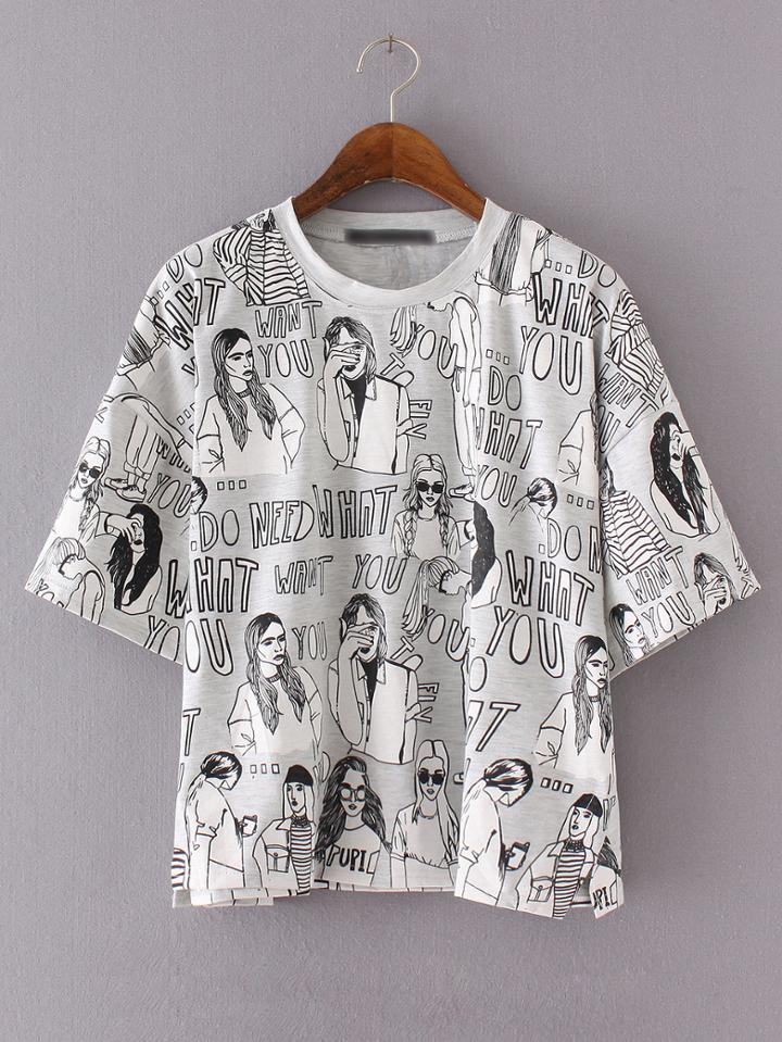 Romwe Grey Letter Printed Split Side T-shirt