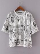 Romwe Grey Letter Printed Split Side T-shirt