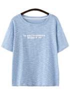 Romwe Blue Short Sleeve Letters Print Stripe T-shirt