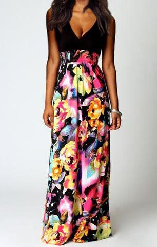 Romwe Deep Plunge Neck Florals Maxi Dress