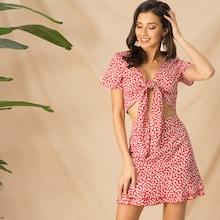 Romwe Ditsy Floral Print Knot Detail Top With Skirt