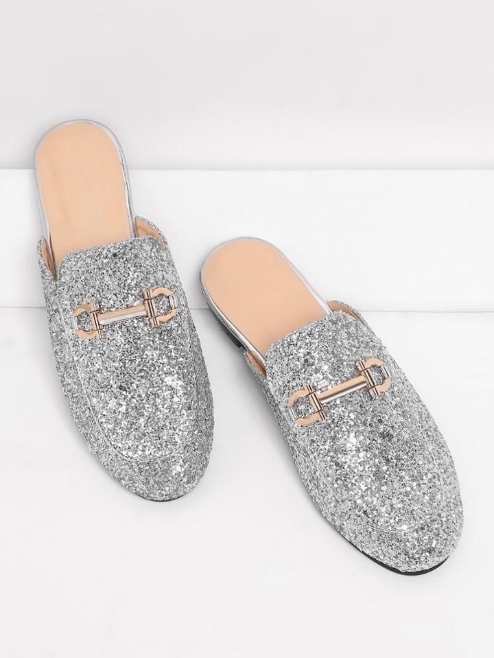 Romwe Metal Detail Glitter Overlay Flat Mules