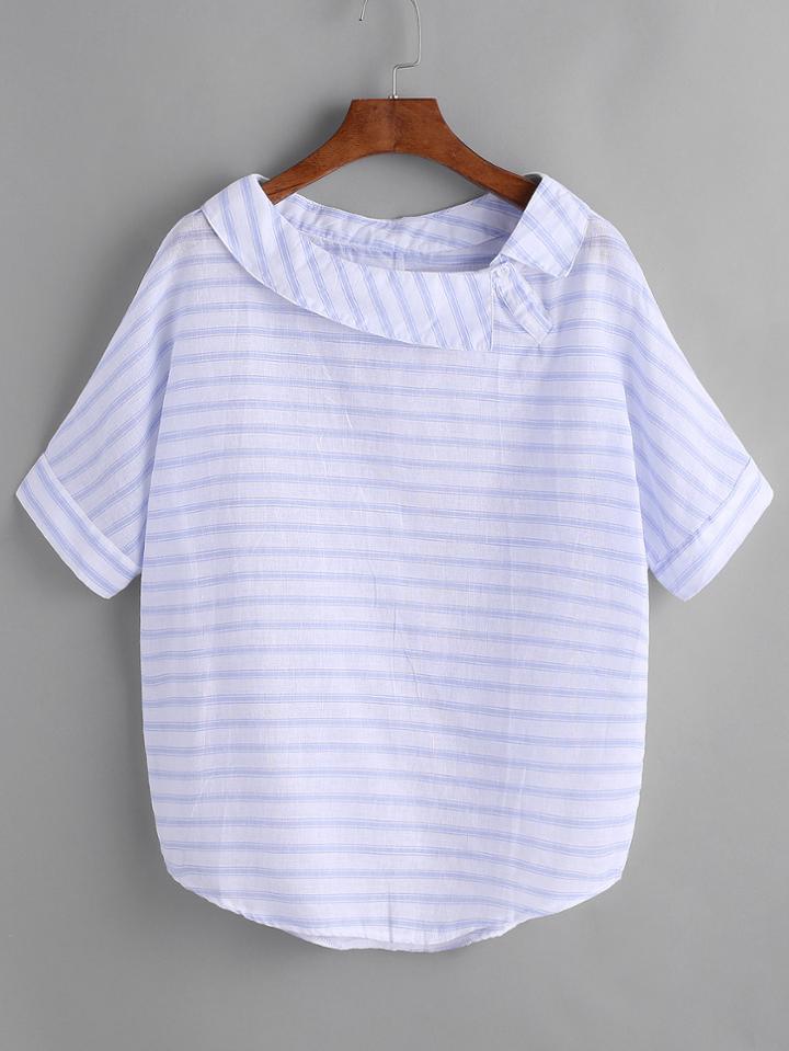 Romwe Blue Striped Curved Hem Blouse