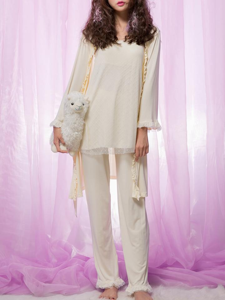 Romwe Mesh Overlay Cami Pj Set With Frill Trim Robe