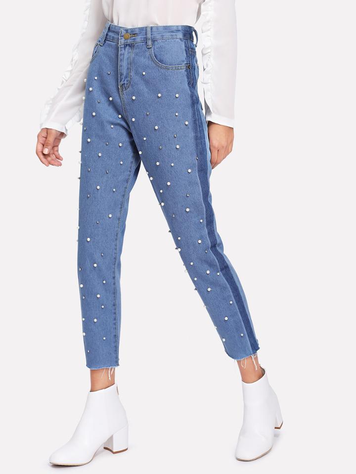 Romwe Faux Pearl Decoration Jeans