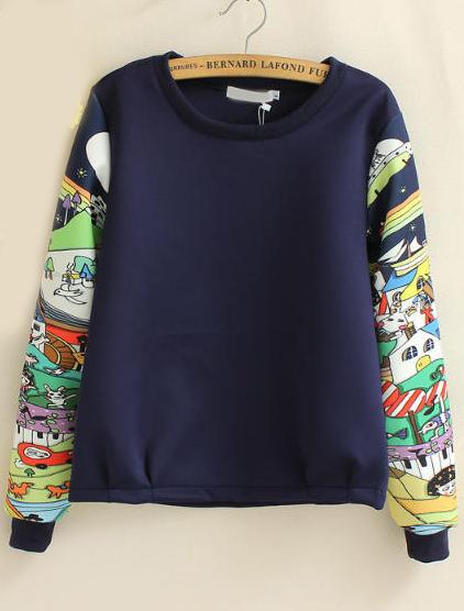 Romwe Navy Round Neck Cartoon Print Sweatshirt