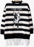 Romwe Black Striped Dog Print Sweater With Lace Bottom