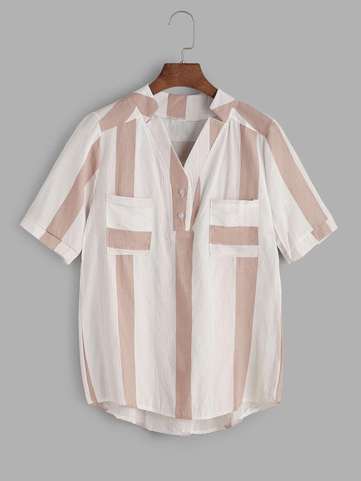 Romwe Striped Dip Hem Blouse With Chest Pockets
