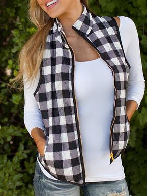 Romwe Black White Stand Collar Plaid Vest