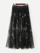 Romwe Mesh Overlay Embroidered Skirt