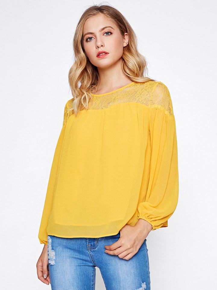Romwe Lace Shoulder Buttoned Keyhole Lantern Sleeve Top