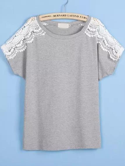 Romwe Grey Lace Short Sleeve Loose T-shirt