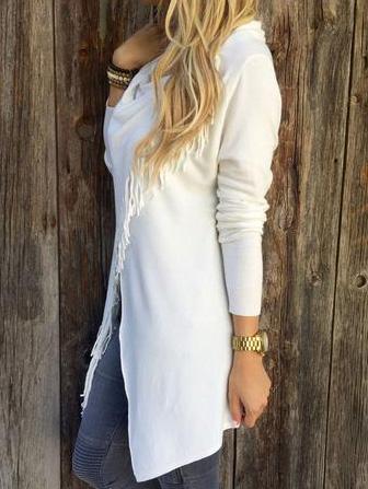 Romwe Draped Neck Button Tassel White Coat