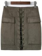 Romwe Army Green Lace Up Suede Skirt With Pocket
