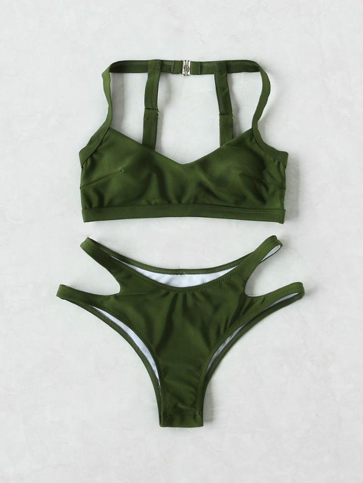 Romwe Cut Out Strap Detail Back Bikini Set