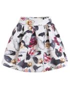 Romwe Rose Feather Print Flare White Skirt