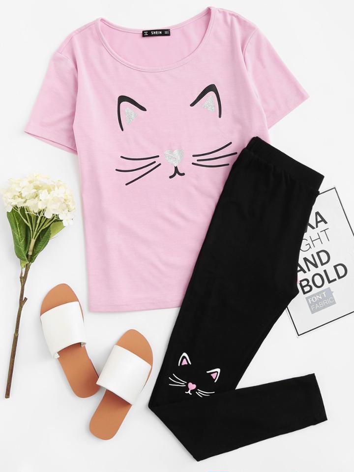 Romwe Cat Print Tee And Pants Pj Set