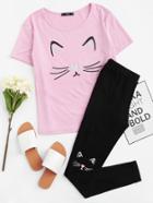 Romwe Cat Print Tee And Pants Pj Set