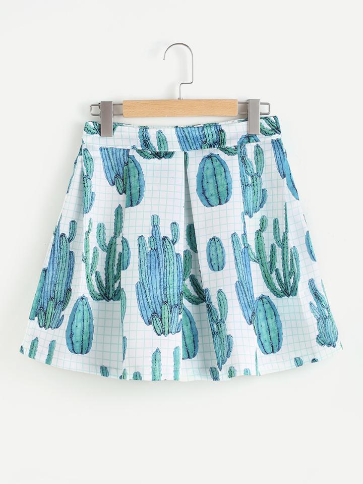 Romwe Cactus Print Random Checked Zip Back Pleated Skirt