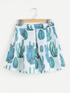 Romwe Cactus Print Random Checked Zip Back Pleated Skirt