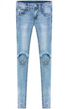 Romwe Blue Pockets Ripped Skull Embroidered Denim Pant