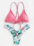 Romwe Tropical Print High Leg Self Tie Bikini Set