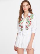 Romwe Flower Embroidered Self Belted Curved Shirt Dress