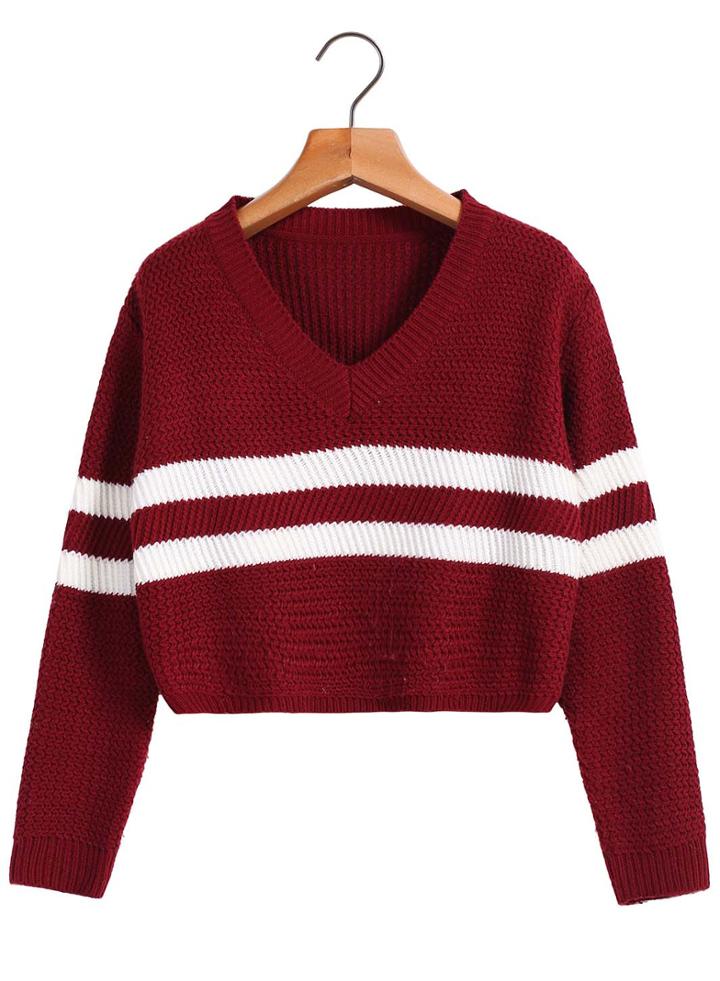 Romwe V Neck Striped Crop Wine Red Sweater