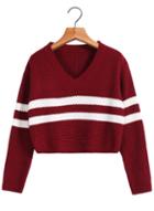 Romwe V Neck Striped Crop Wine Red Sweater
