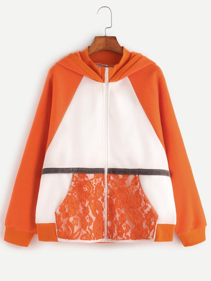 Romwe Contrast Lace Applique Pocket Zip Up Hoodie