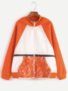 Romwe Contrast Lace Applique Pocket Zip Up Hoodie