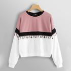 Romwe Plus Tassel Patched Color-block Pullover