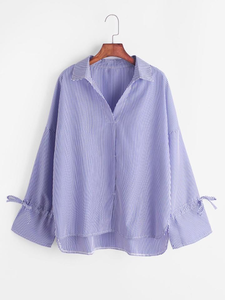 Romwe Blue Striped Bow Tie High Low Shirt
