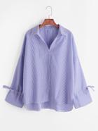 Romwe Blue Striped Bow Tie High Low Shirt