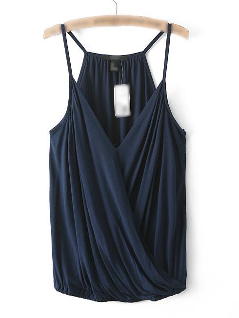 Romwe Navy Spaghetti Strap V Neck Tank Top