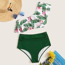Romwe Random Tropical Flounce One Shoulder Bikini Set
