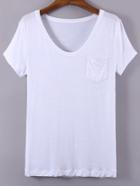 Romwe White V Neck Pocket Short Sleeve Casual T-shirt