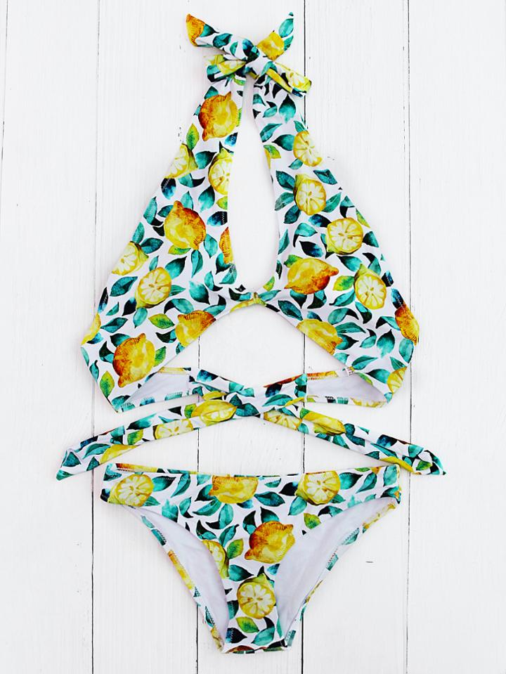 Romwe Fruit Print Keyhole Halter Bikini Set