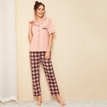 Romwe Rabbit Print Shirt & Plaid Pants Pj Set