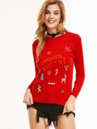 Romwe Red Christmas Embroidery Long Sleeve Sweater